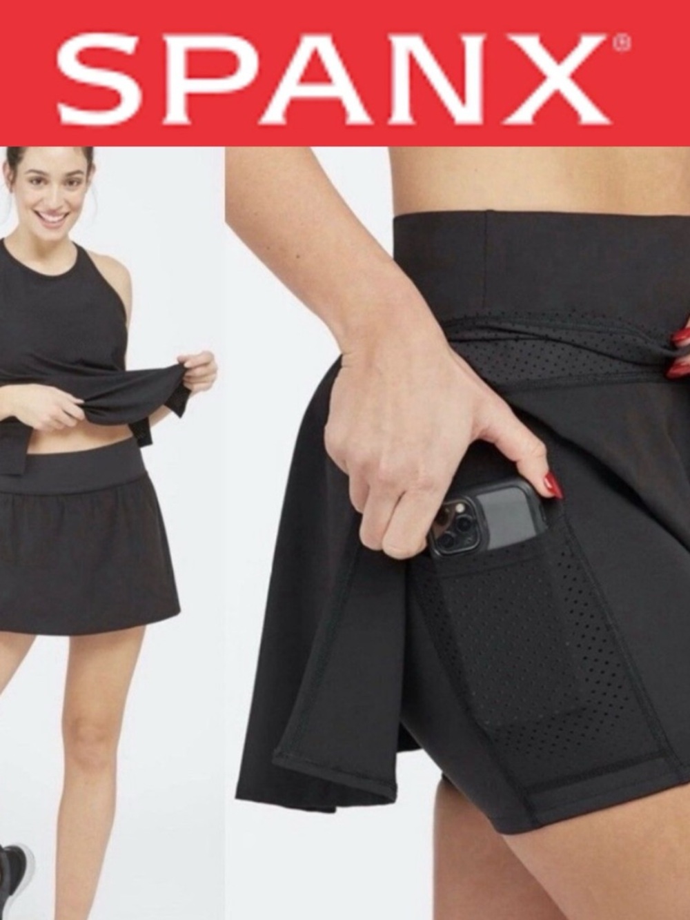 SPANX GET MOVING Skort Black Active Skort with Hidden Phone Pocket S NWT